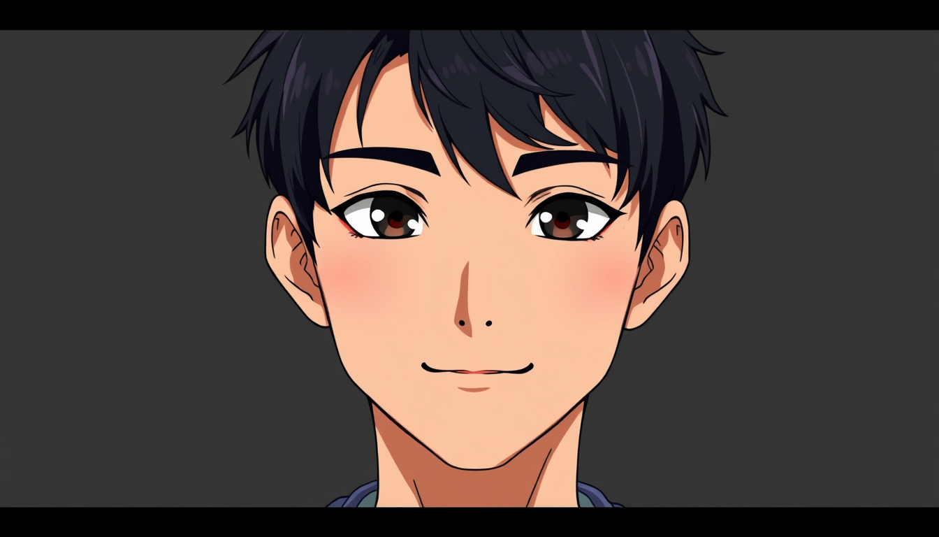 Anime idea: anime style, vibrant colors, expressive eyes, young adult East Asian man, short slightly messy black hair, dark eyes, fair skin, handsome youthful fac
