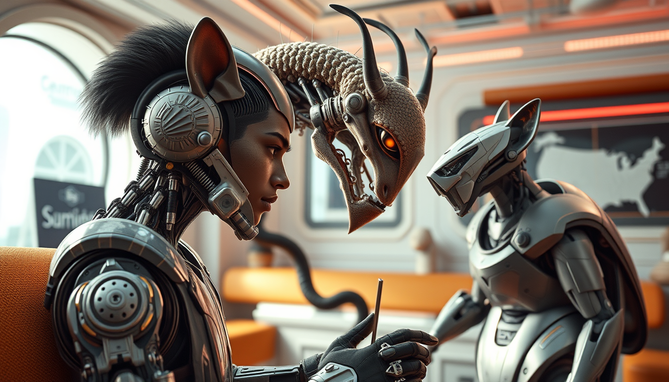 Main art studio: Je veux la photo d'une créature mi homme mi machine mi animaux. Le tout dans un décor futuristes