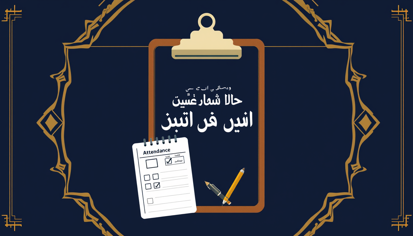 Main art studio: Professional Arabic book cover, A4 portrait. Title: "محضر الحضور والغياب للمعلمين". Elegant official school record design. Dark navy blue background w
