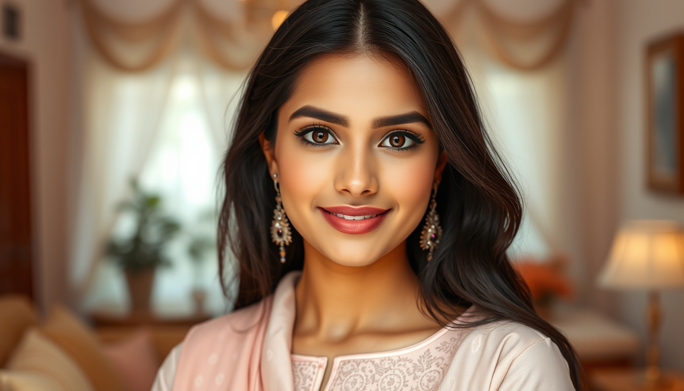 Main art studio: A realistic 20-year-old Pakistani female model, natural Pakistani facial features, beautiful brown eyes, long black hair, medium skin tone, light natu