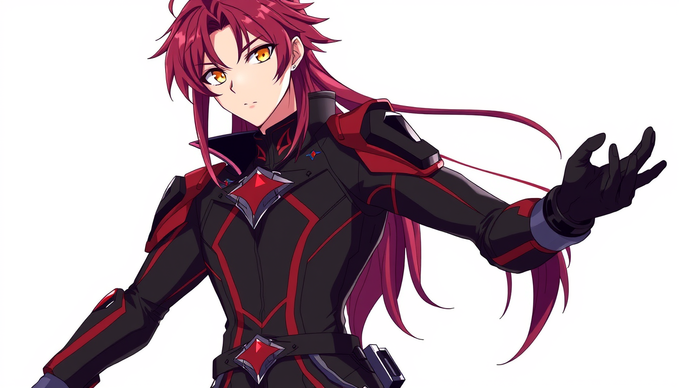 Anime idea: anime style, vibrant colors, expressive eyes, Original anime male rival, Riven Ark, long dark-red hair, golden eyes, black and crimson futuristic unif