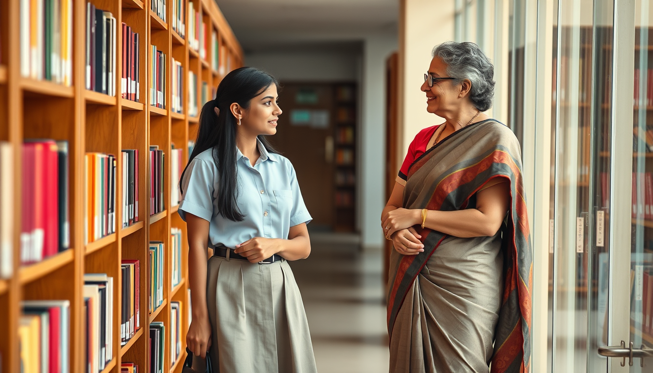 Main art studio: Landscape photorealistic Indian school brochure photo: 18-year-old female student in neat modest shirt skirt school uniform and elegant female teacher