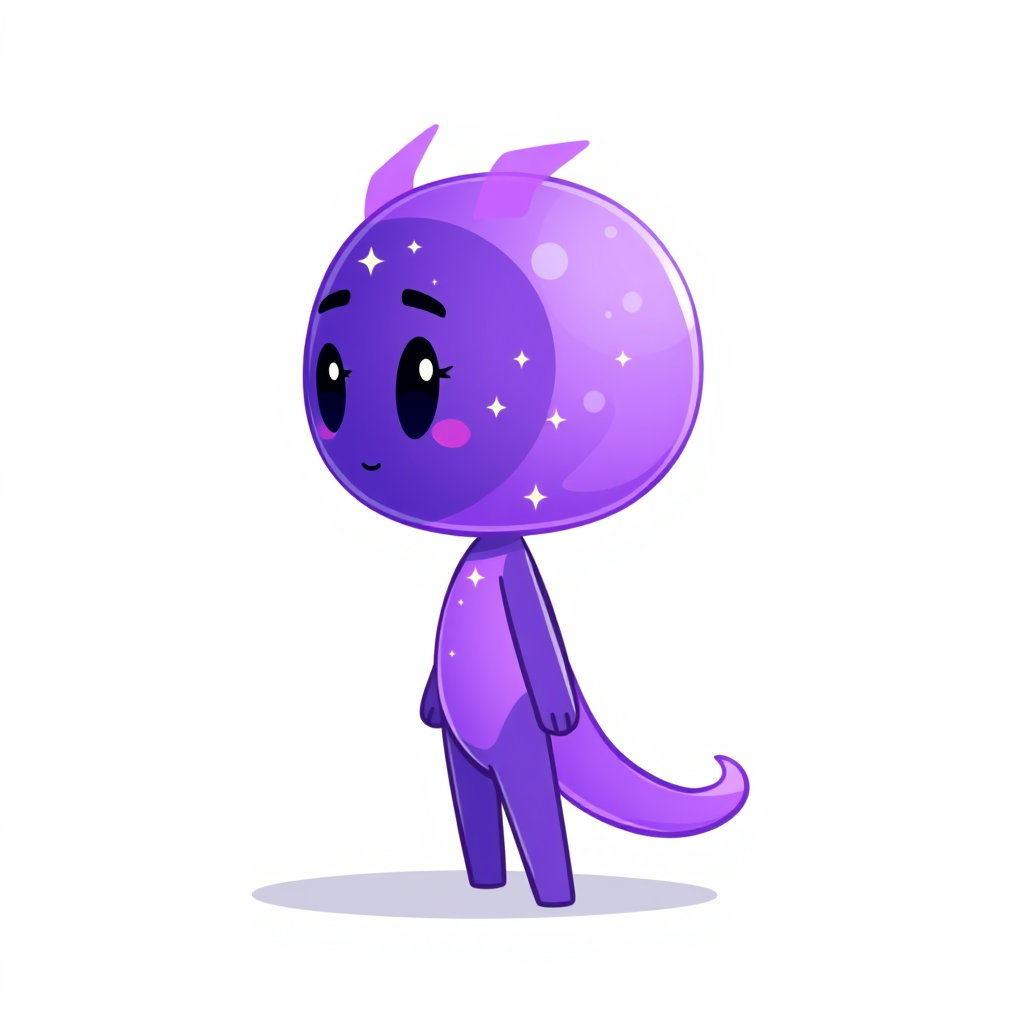 Main art studio: 2D side-view game character, facing right, simple cartoon style, calm friendly face, purple and blue cosmic energy body, small stars inside, glowing e