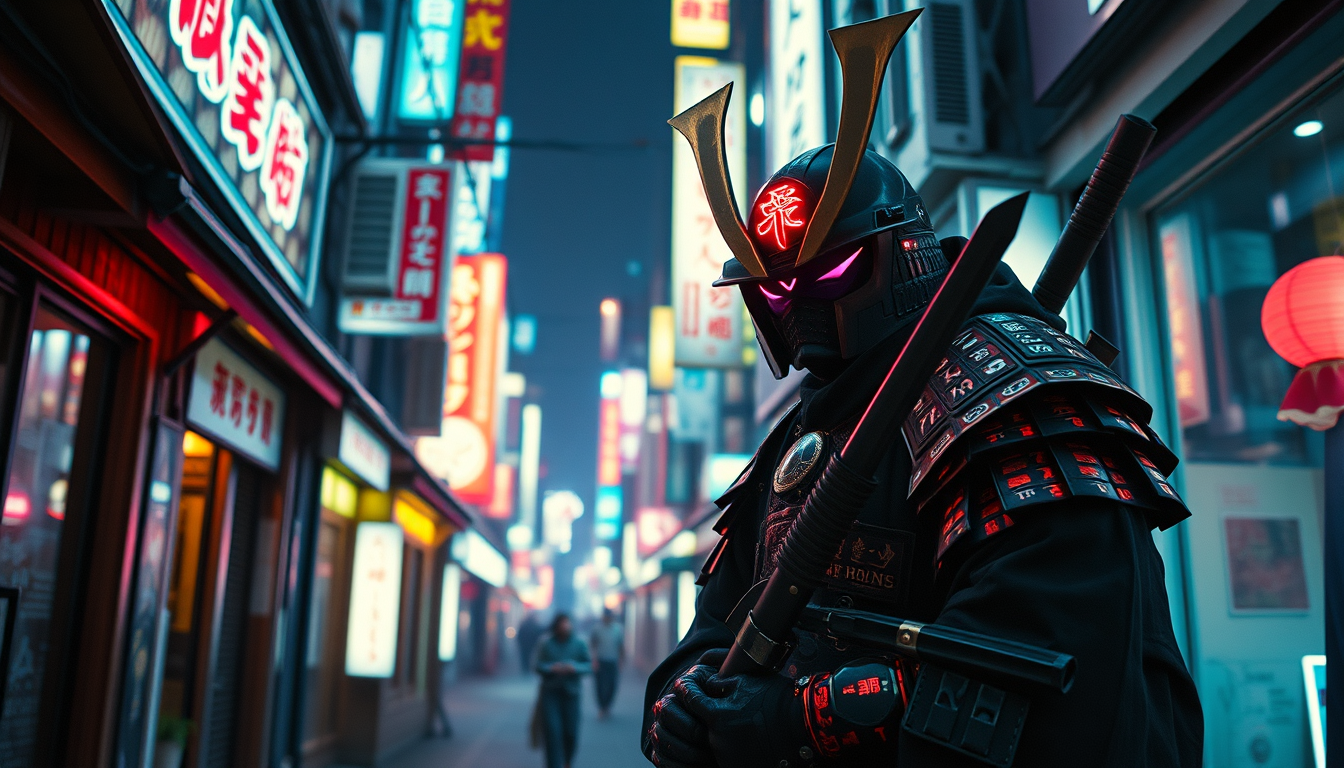 AI Art prompt example created from the prompt: cyberpunk samurai in neon-soaked Tokyo alley, 4k, cinematic