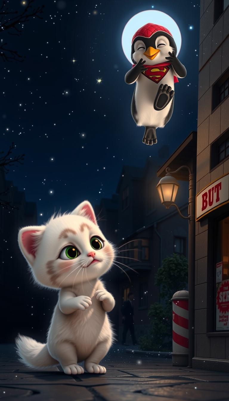 Main art studio: Generate a video of the baby penguin jumping down from the top of the street light and landing directly in front of the little kitten. The penguin sho
