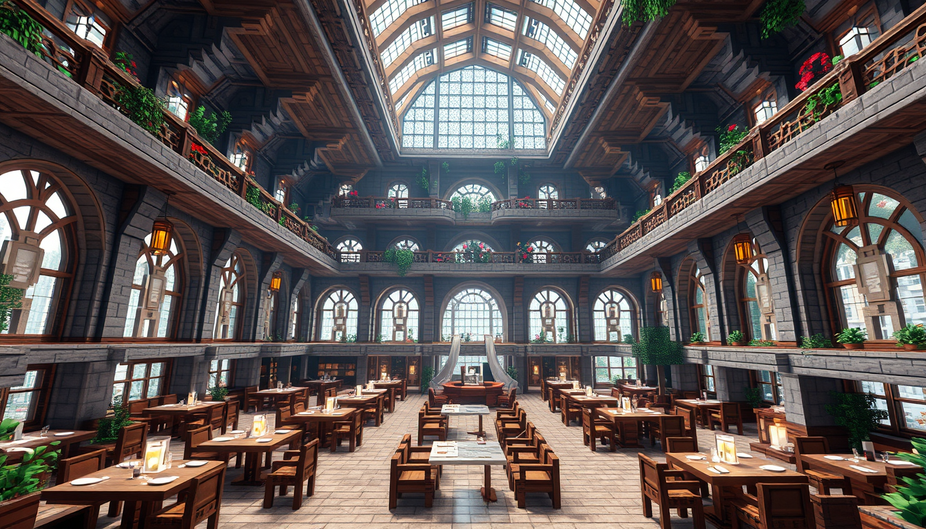 Main art studio: Crie uma imagem de um restaurante gigante no Minecraft original, sem mods, add-ons ou shaders. Mostre-o de fora e de cima, com telhado aberto reveland