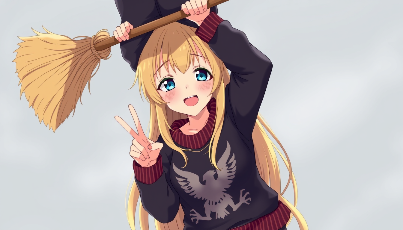 Main art studio: Make a anime girl with long blonde hair and navy blue eyes and she is a little shorter than average and she is upside down on a broom sticking out her