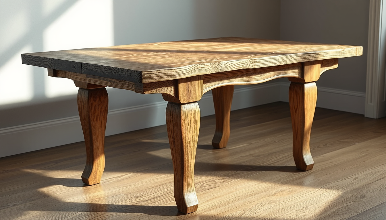 Realistic Images idea: photorealistic generated image, natural materials and skin texture, physically plausible lighting, ein tisch, der sehr schief gebaut ist, also die lin
