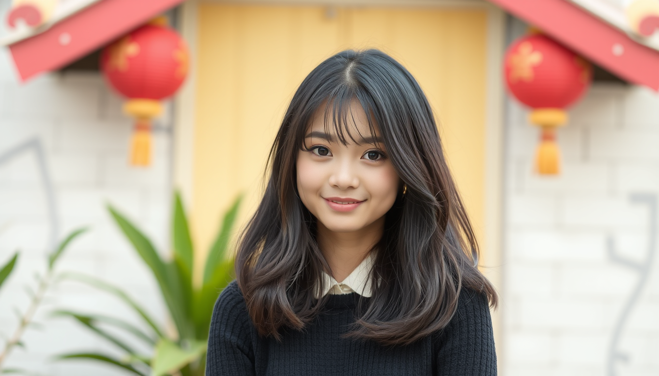 Main art studio: una chica de 15 años con flequillo de pelo medio negro asiatica estilo modo disney kawai oke