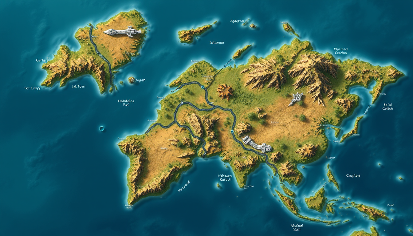 Fantasy Maps idea: a readable fictional world map with coherent coastlines, terrain regions, routes, and landmarks, deliberate composition, Степной пустынный регион 300х