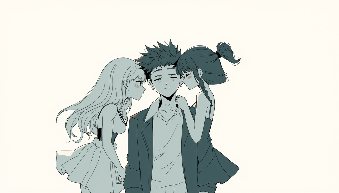 Main art studio: Que todas las chicas de esta imagen estén obsesionadas de amor por el chico, que parezcan yanderes. Quiero que respetes el estilo de dibujo, color, ar