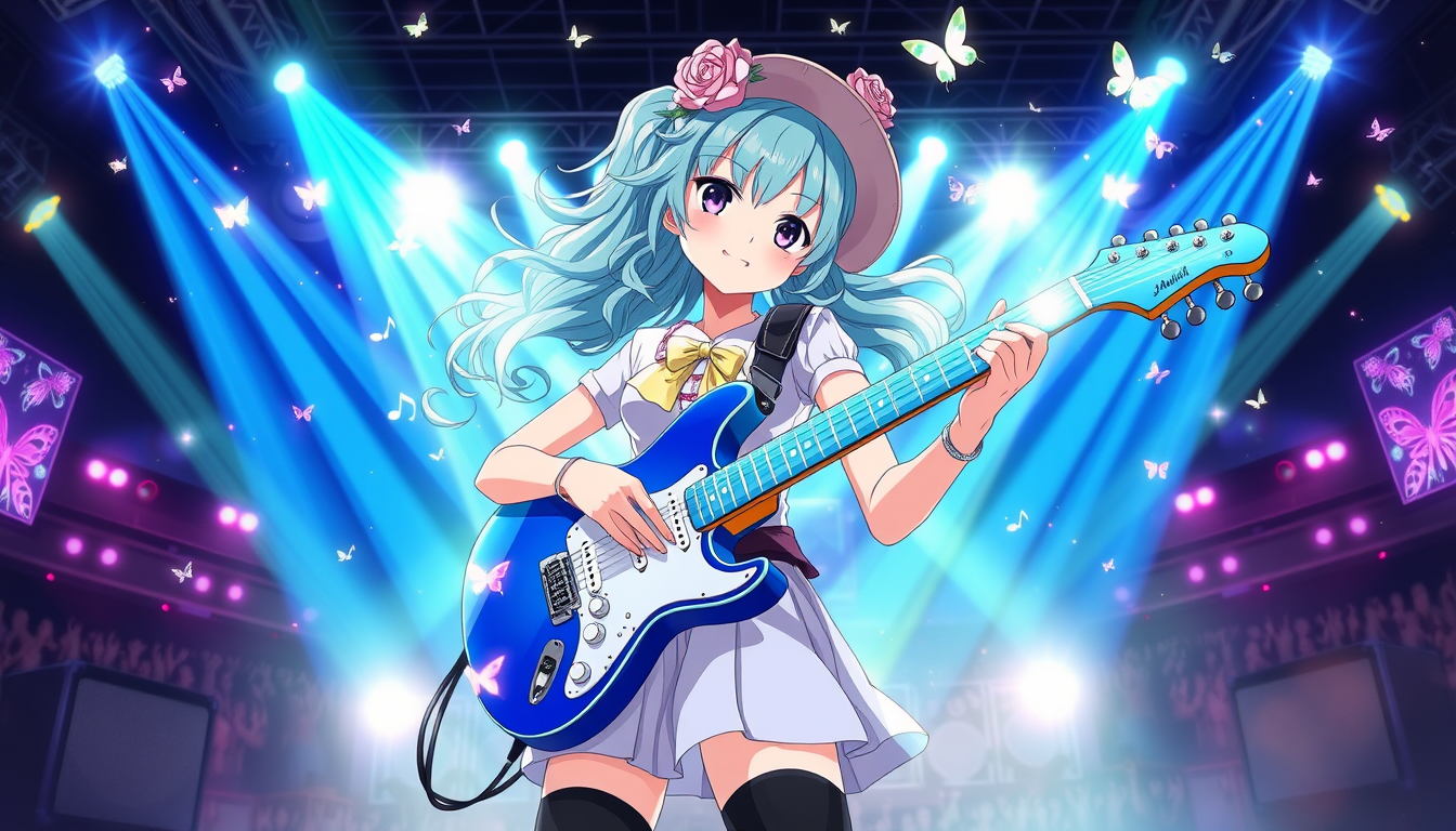 Main art studio: Create a spectacular 16:9 Japanese anime episode thumbnail with polished cel shading, crisp expressive line art, dynamic rock concert lighting, and a 