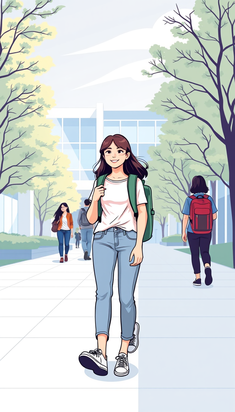 Main art studio: Same student from the reference, wearing the same outfit and backpack, walking toward a modern college campus in the morning. She smiles and looks con