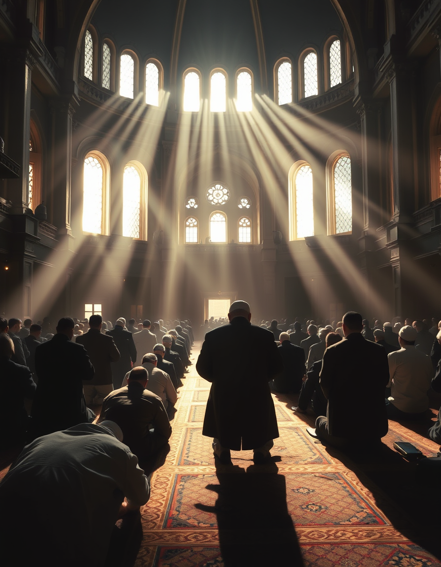 Main art studio: dramatic cinematic scene inside a grand historic mosque during congregational prayer, the imam is rising from prostration while the worshippers carefu