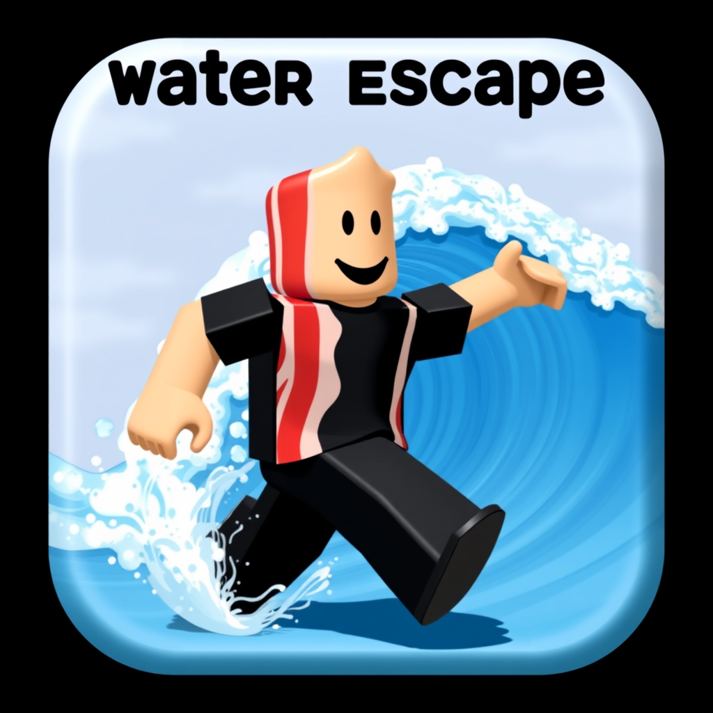 Main art studio: It's a icon for a Roblox game it has to be water themed with a text in the top that says water escape with a bacon avatar with a black t-shirt and bla