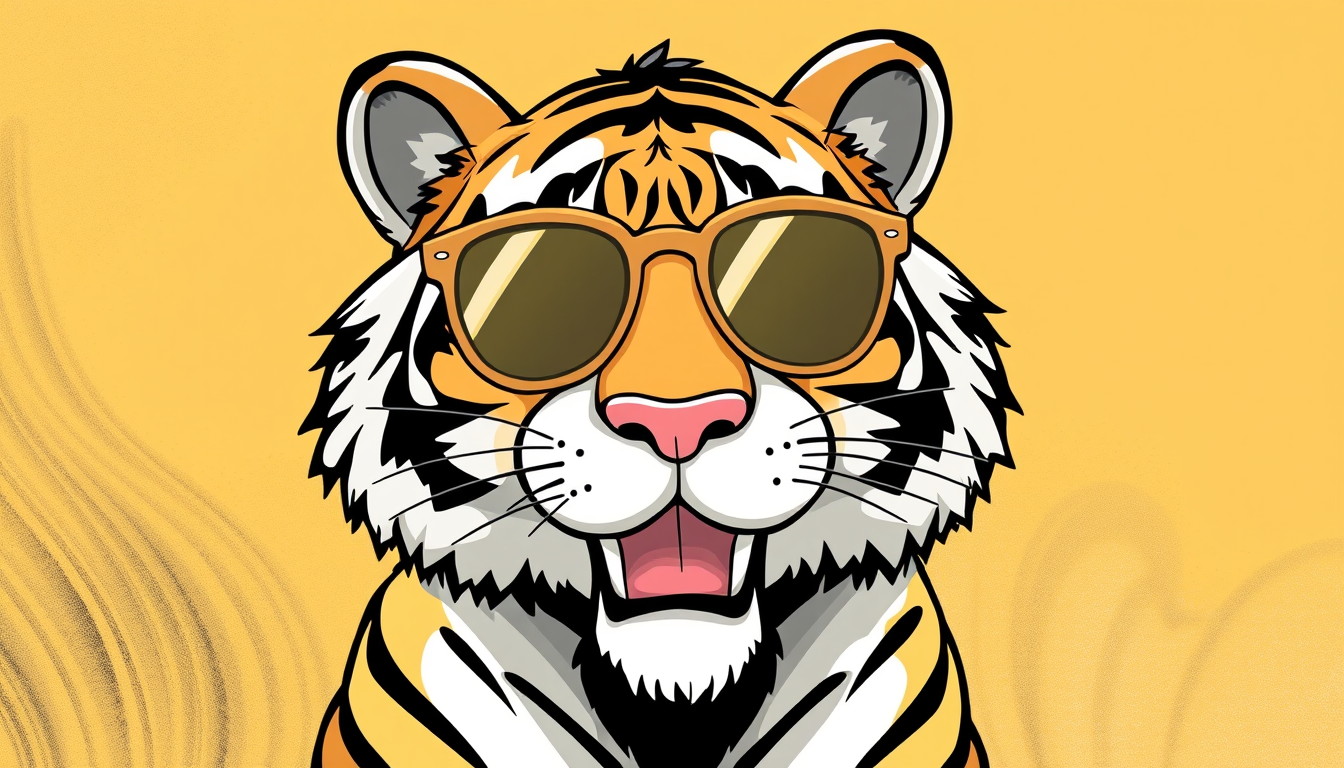 Main art studio: fröhlicher tiger mit Sonnenbrille. Malbuchstil: Nur die Linien = Schwarz und weiß,es ist zum ausmalen. cartoonlike. ohne farben