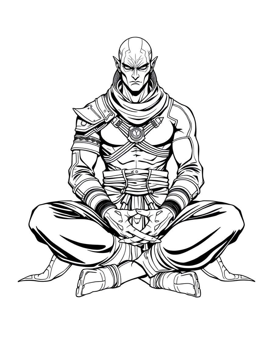 AI Art prompt example created from the prompt: Full-body clean line art of Scar, a HUMAN MALE character from the reference design. He must have a clearly humanoid body, human head, human 