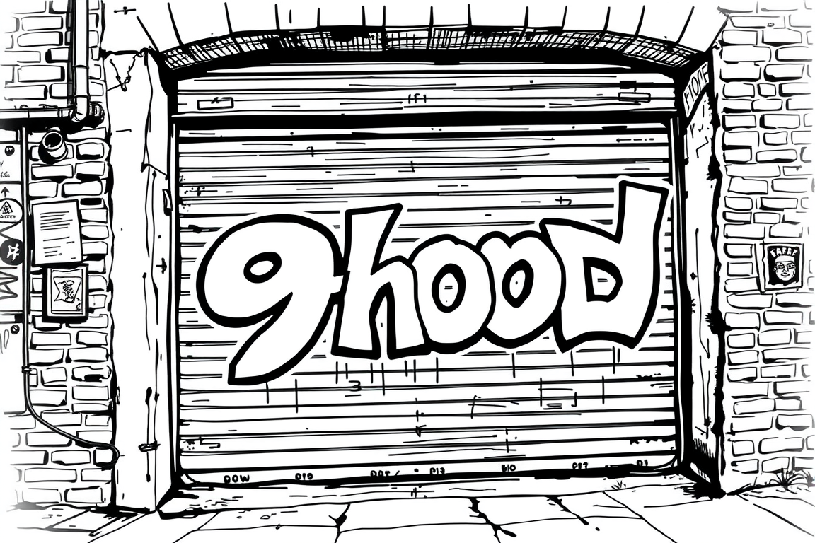 AI Art prompt example created from the prompt: Black and white contour sketch in a casual street graffiti style. An old city garage with a metal door, brick walls, small stickers, posters