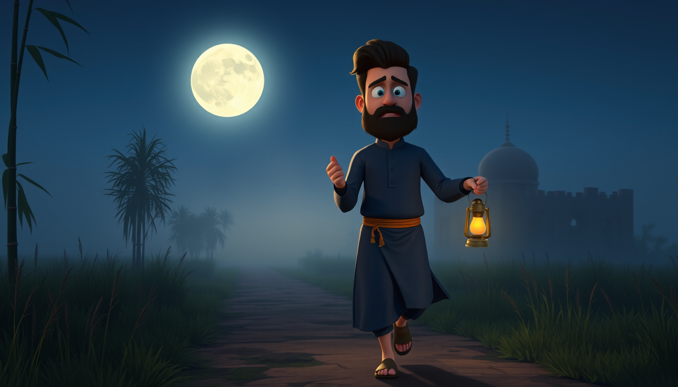 Main art studio: Same Rashed character, same navy-blue panjabi, beard and hairstyle. Semi-realistic 3D cartoon Bengali horror. Rashed walks quickly along a quiet Bangl