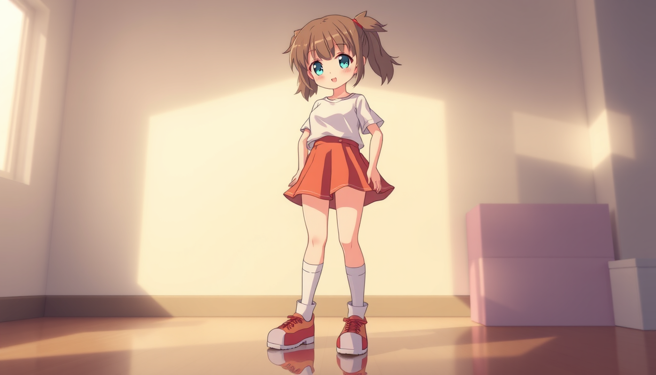 Main art studio: An animie girl with big thighs, small skirts, t shirt and remove shoes and socks