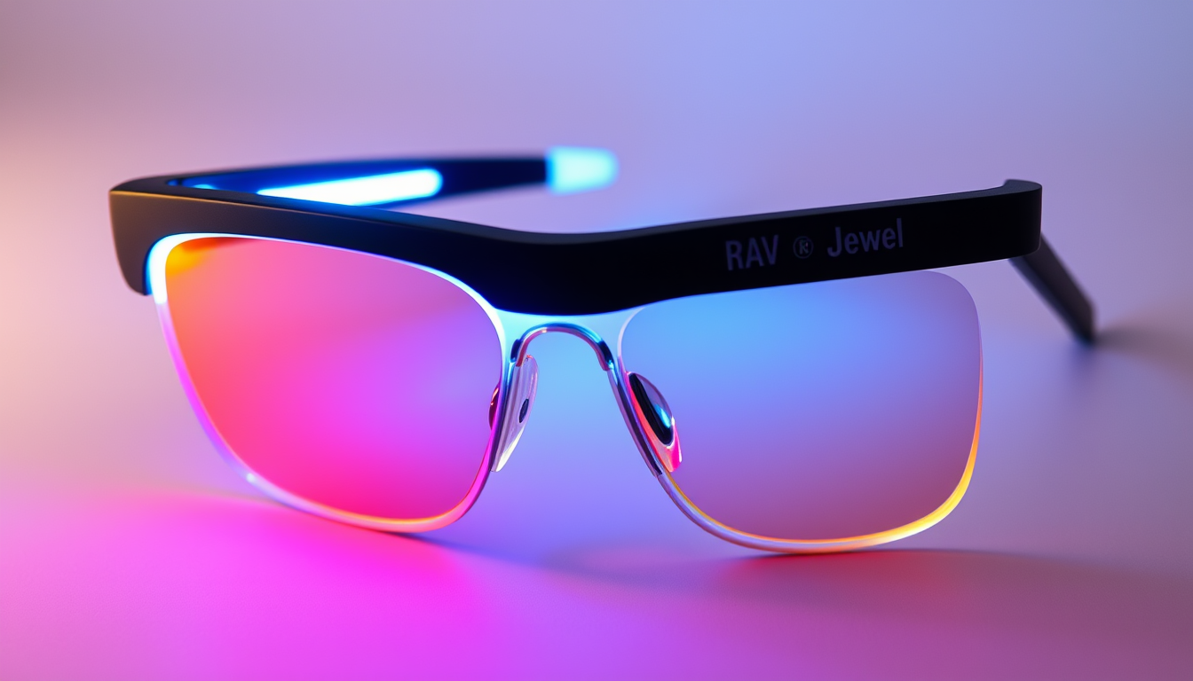 Main art studio: reading glasses, with LED light aroudn the frame and RAV on each temple arm side and tiny solar panels on temple arms. Bluetooth speaker inside temple