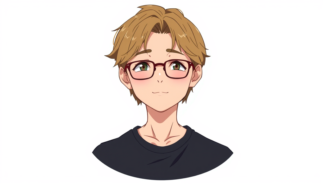 Main art studio: A 16 year boy old boy with glasses, wavy-to-straight hair, a diamond-oval long shaped face, a visible but not very sharp jawline, fair skin, and a tal