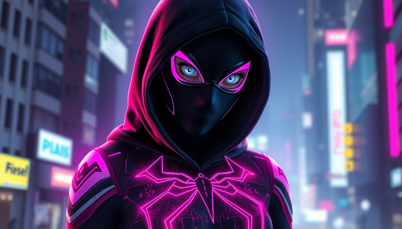 Main art studio: Teenage girl in a sleek, fully covered black hooded suit with a black full face mask. glowing magenta futuristic circuitry patterns and glitch fragmen