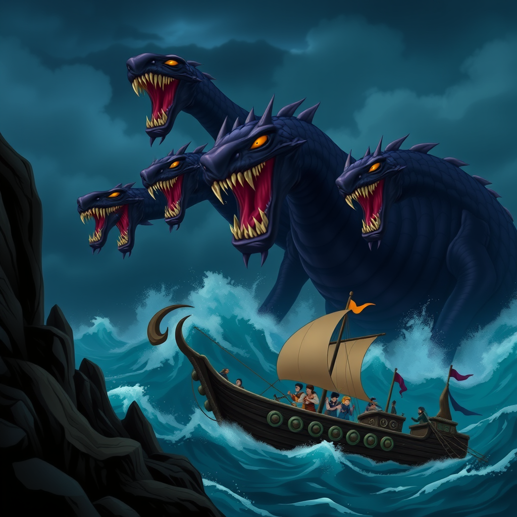 Main art studio: Prompt: Disney animation style, giant terrifying sea monster Scylla from Greek mythology, six long serpentine necks with fierce snarling heads, sharp