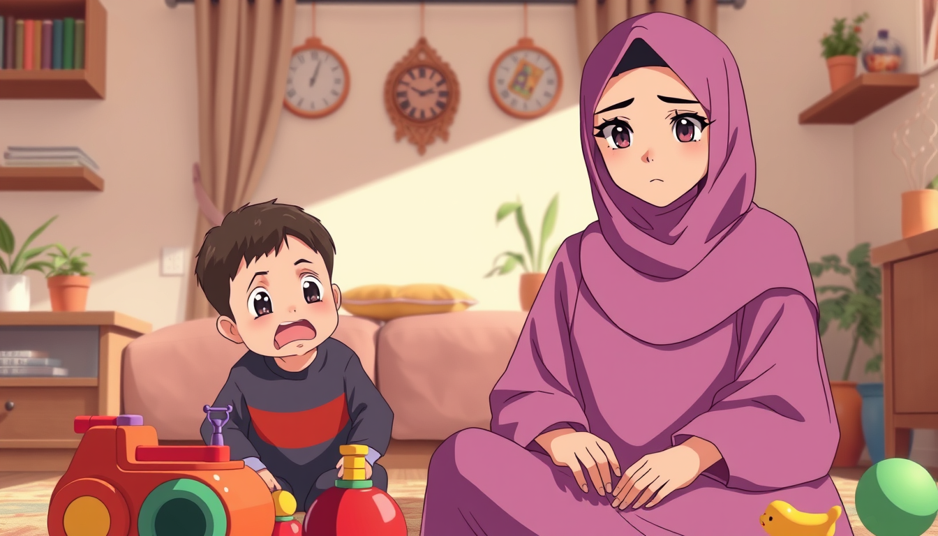 Anime idea: anime style, vibrant colors, expressive eyes, 2D anime style. A confident, peaceful Muslim mother sits calmly beside her angry 2-year-old son. She has
