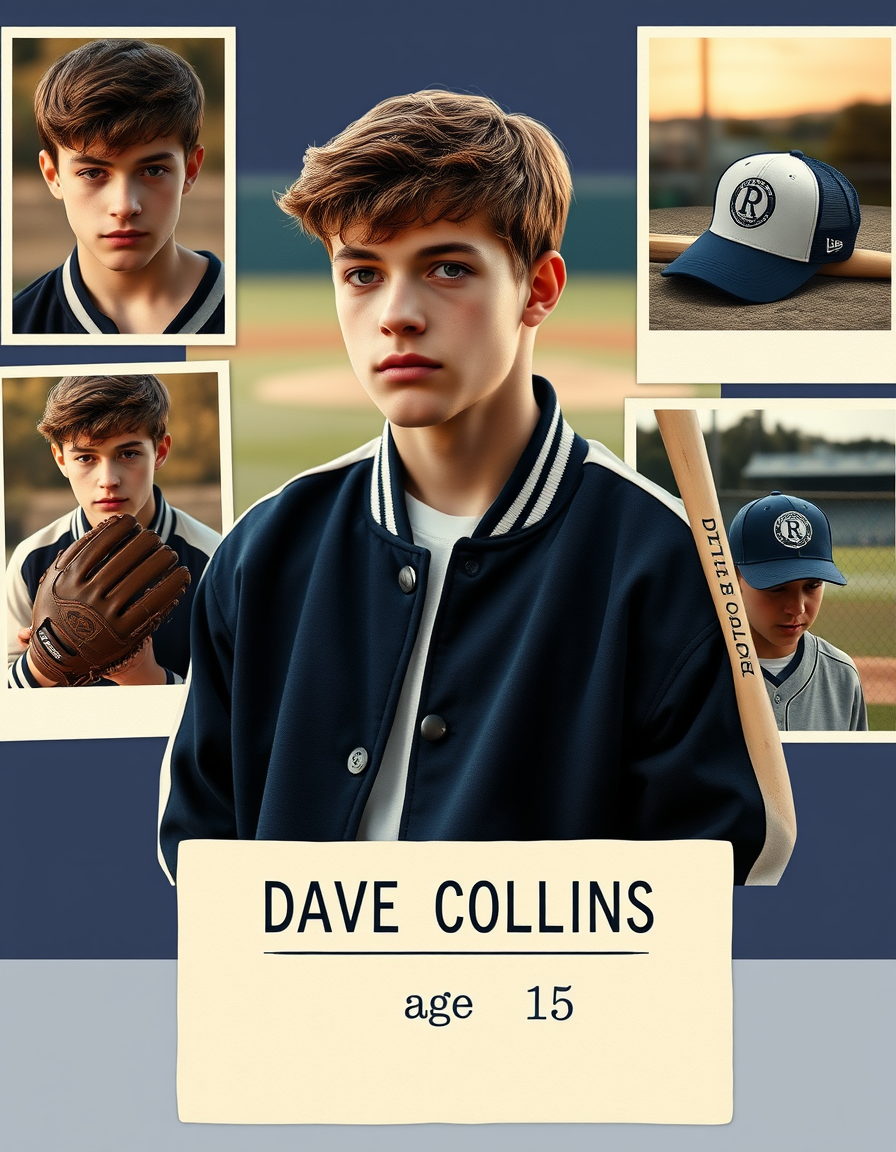Main art studio: Photorealistic Pinterest moodboard of Dave Collins, a fictional 15-year-old American boy. Short brown hair, brown eyes, tan skin, athletic build, yout