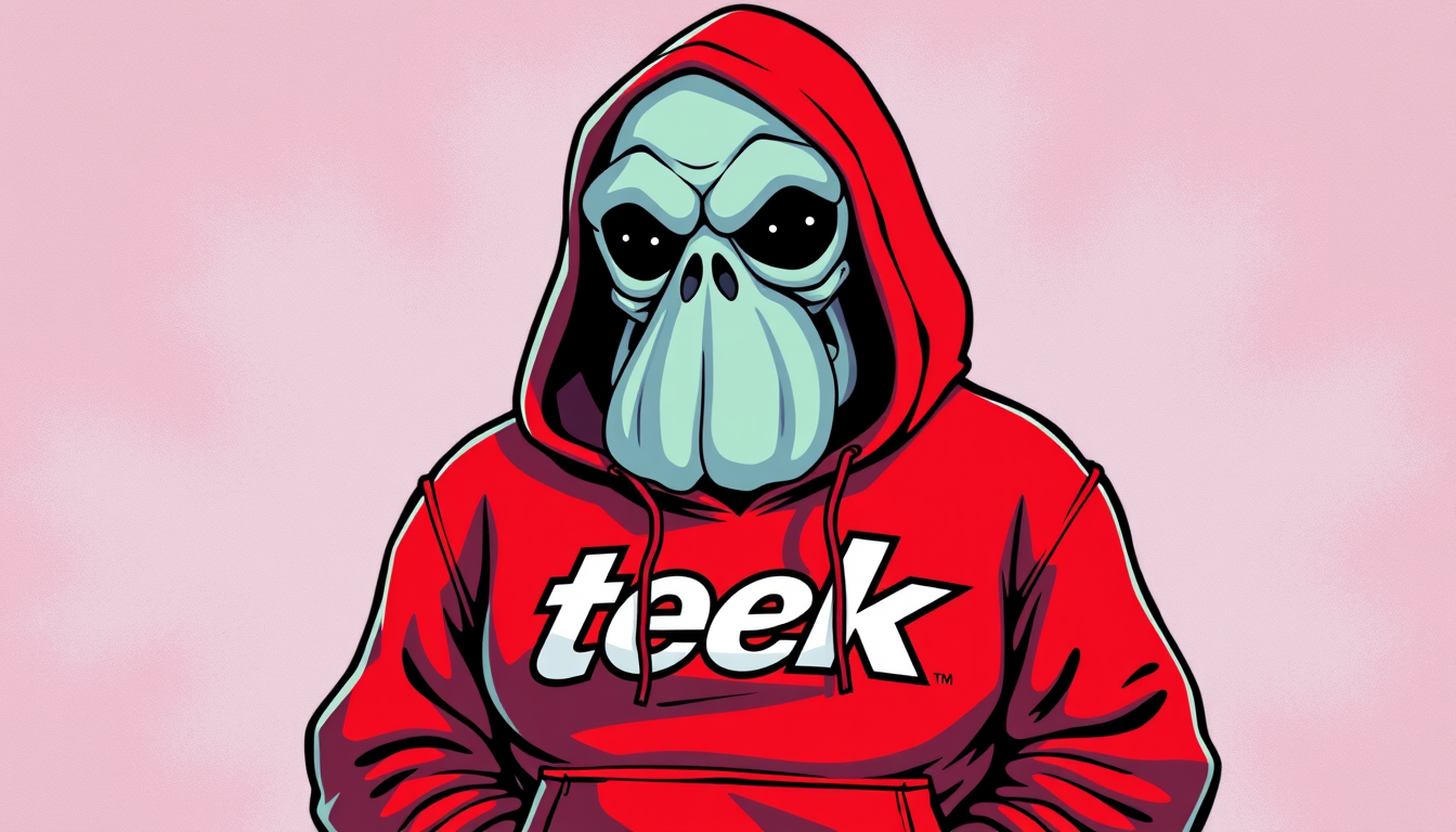 Main art studio: Fat squidward wearing a hoodie that says "tekk" in a supreme styled logo