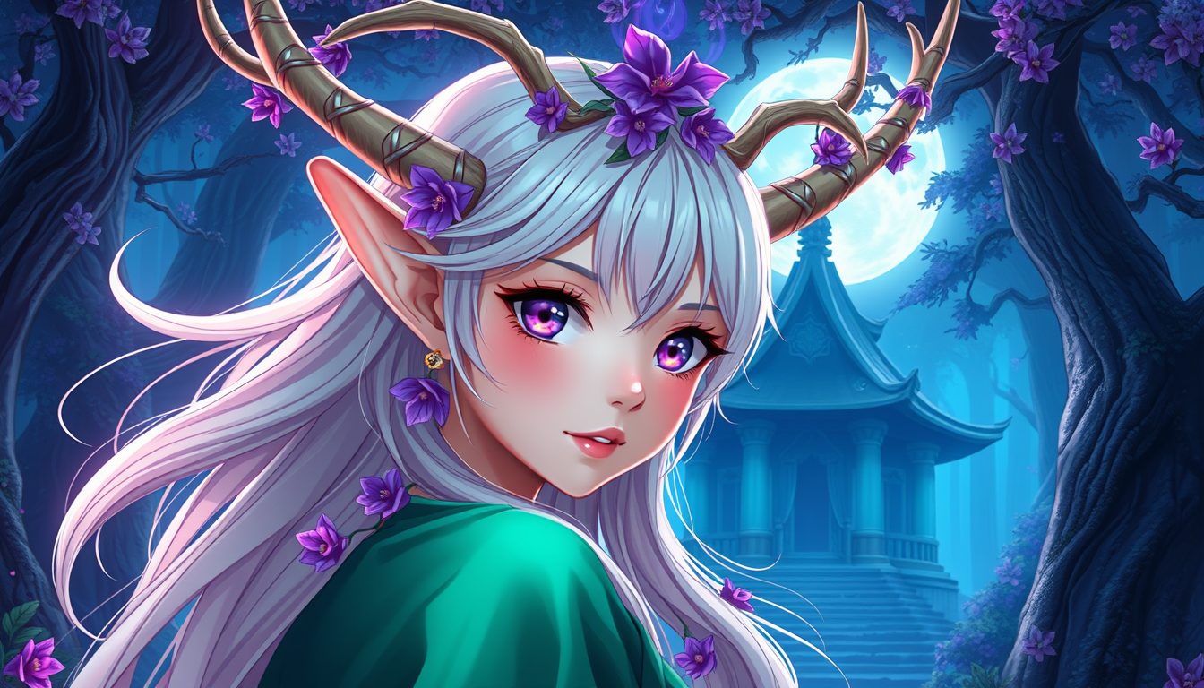 Anime idea: anime style, vibrant colors, expressive eyes, Ethereal fantasy elf character, long flowing pale blond hair, elegant pointed ears, large antler-like ho