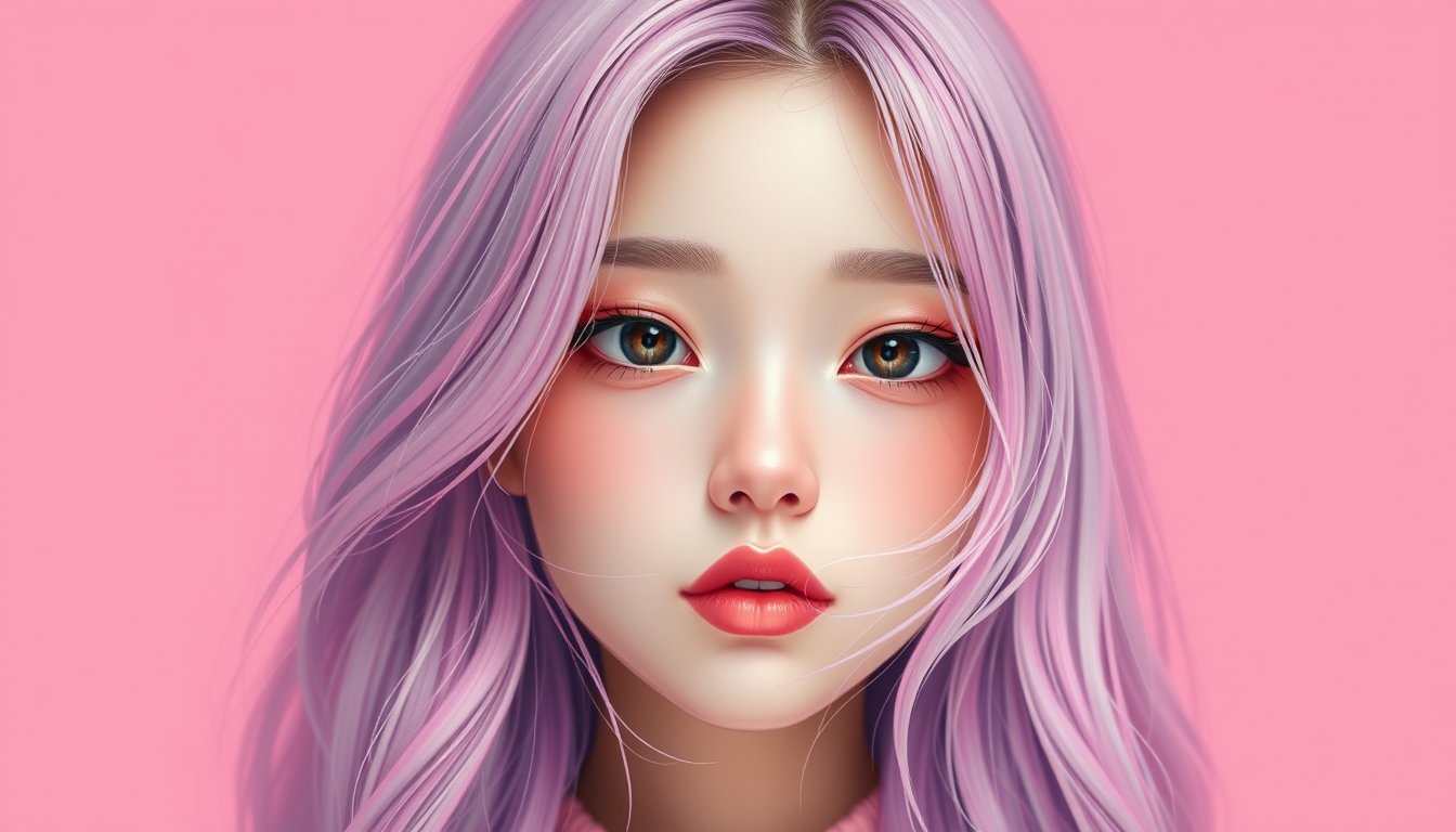 Wallpapers idea: wallpaper artwork, wide atmospheric scene or bold pattern, high detail, Pink solid just pink background with a beautiful girl with galexy colored hair