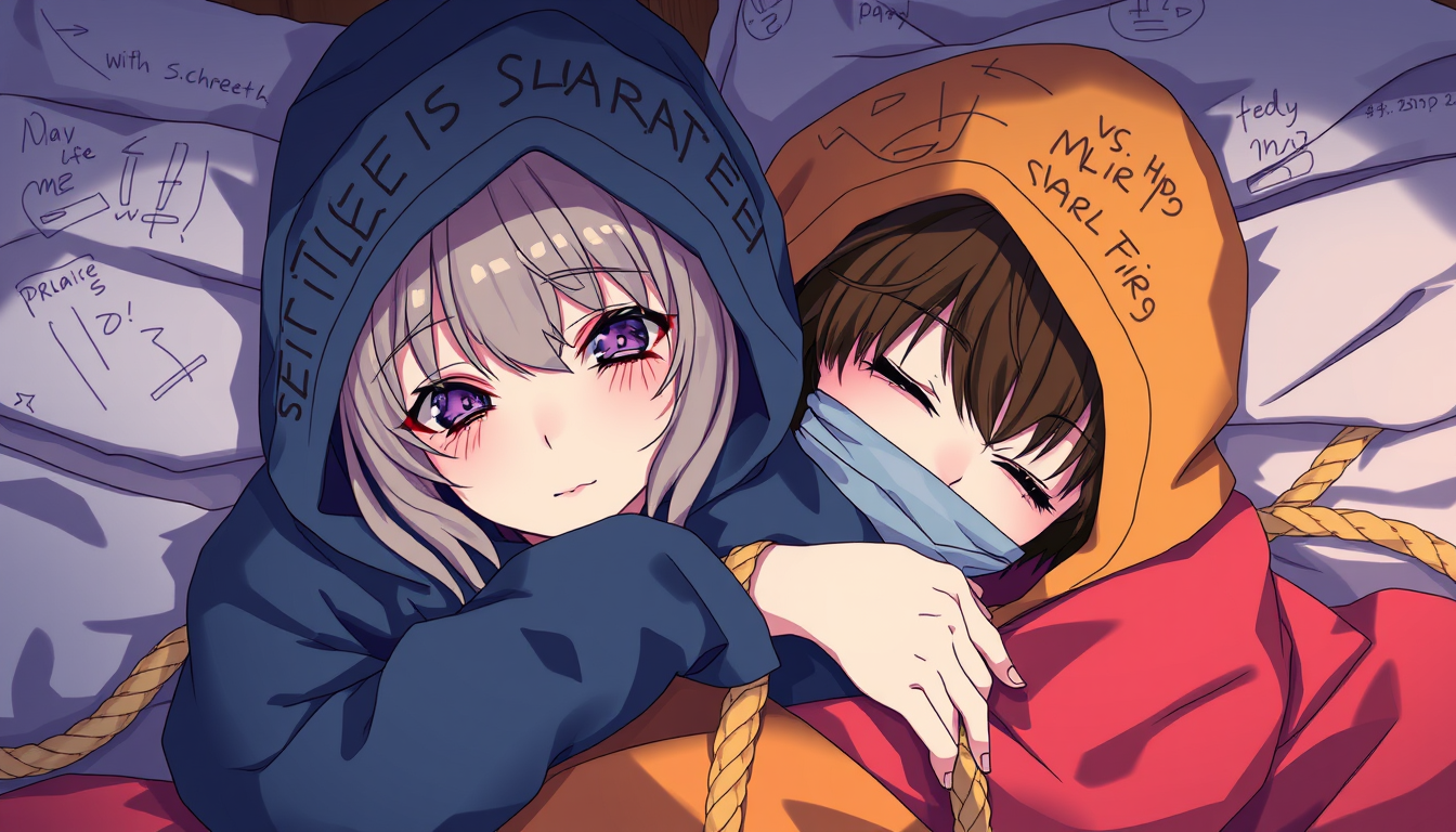 Anime idea: anime style, vibrant colors, expressive eyes, one girl and one boy on a bed with a two hodiees with lots of writing and drawings. and they are hooded,