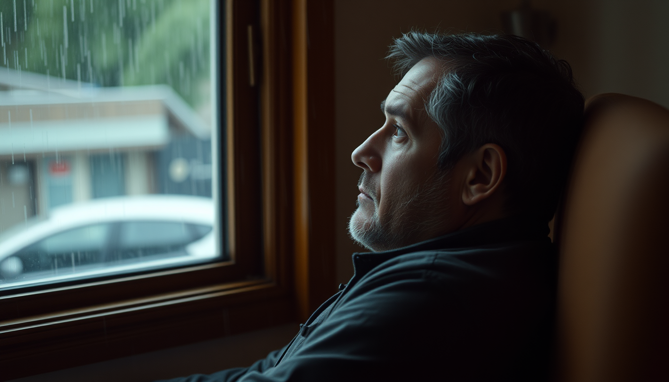 Main art studio: The man remains seated quietly, slowly looking toward the window. Very subtle breathing and natural body movement. The camera slowly pushes in toward