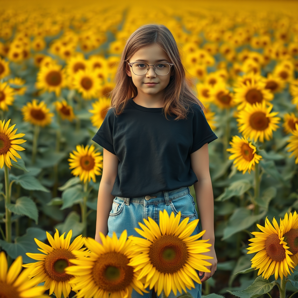 Main art studio: Create a photo of me—a 12-year-old girl—standing in a field of sunflowers. It should be a vast sunflower field, and the face must be an exact match of