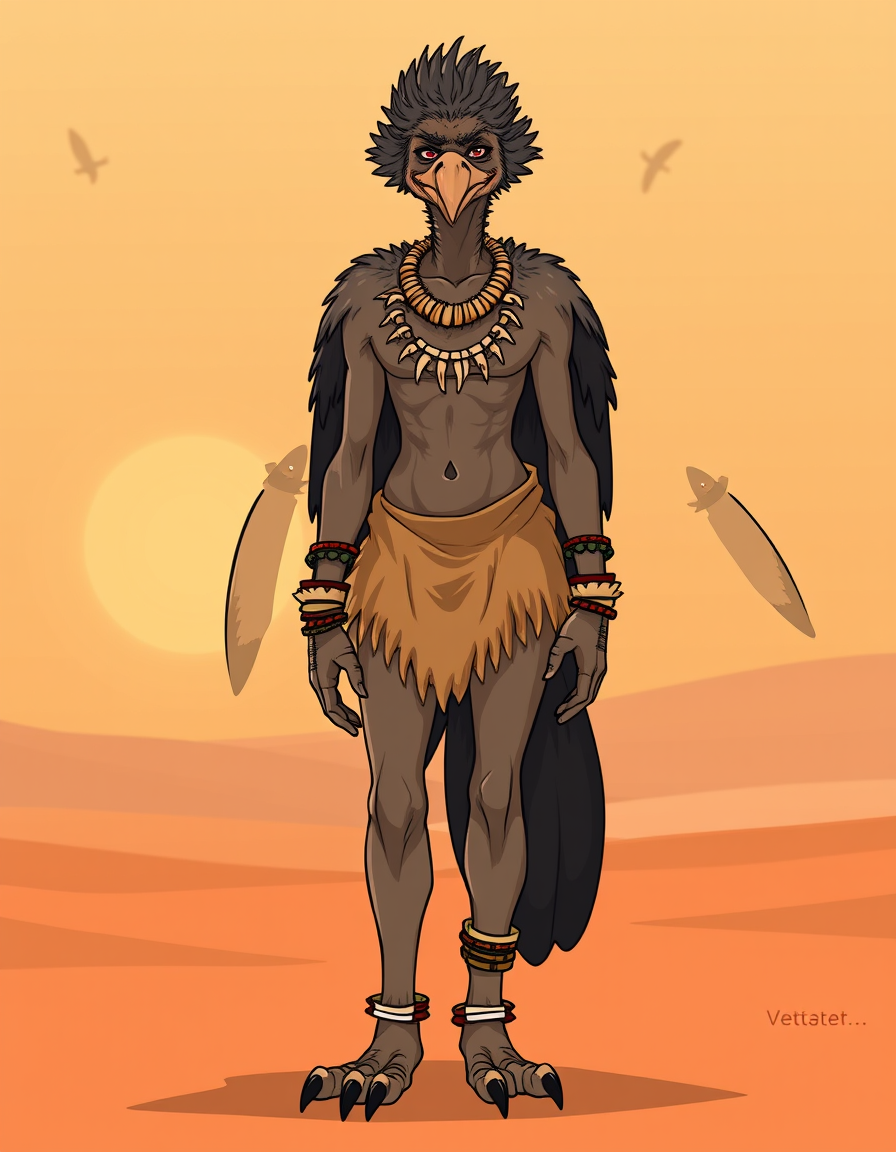Main art studio: Furry OC, Anthro turkey vulture character, young tribal femboy, slender lithe humanoid femboy build and proportions, friendly facial expression, weari