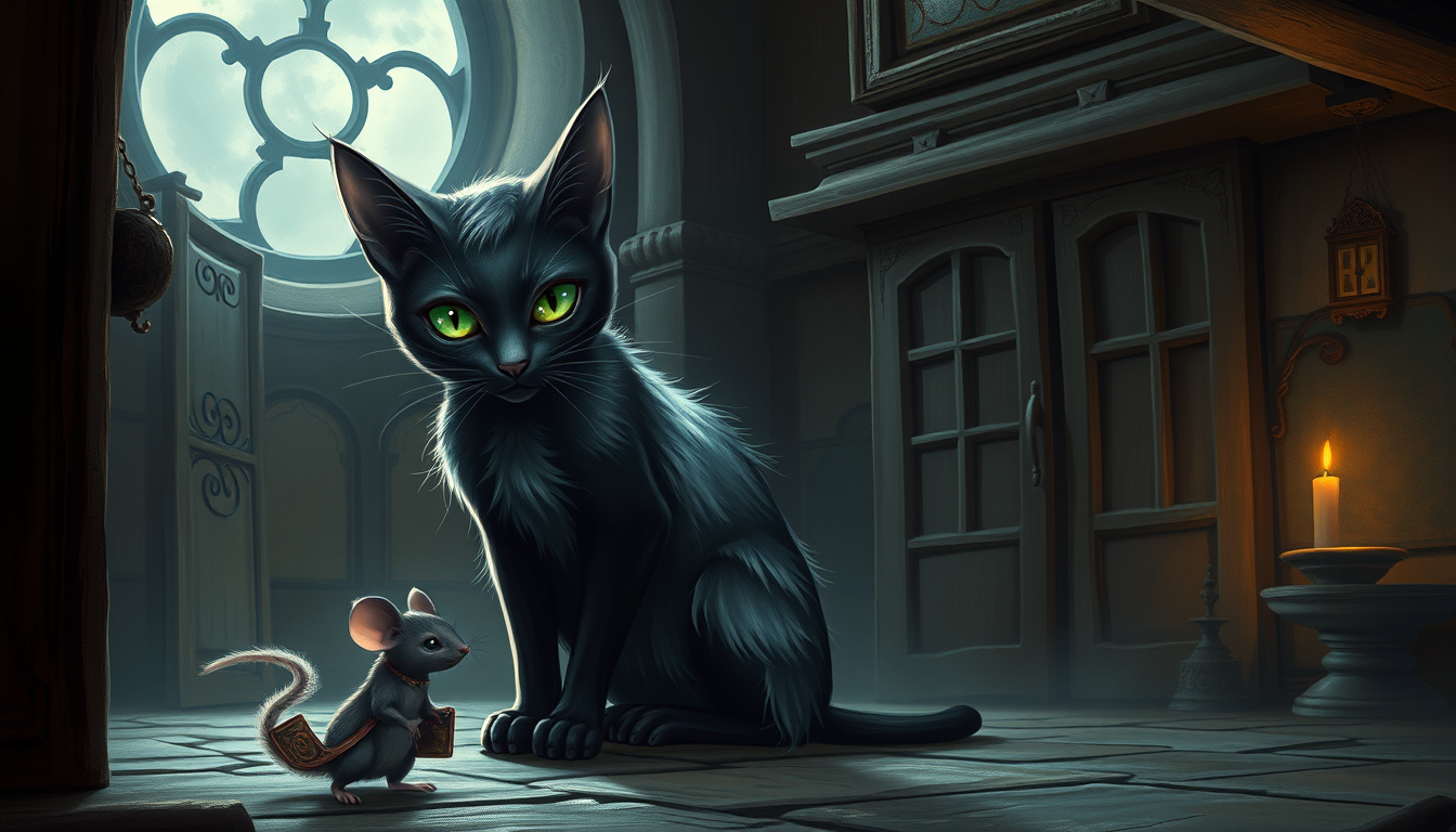Main art studio: "A beautiful elegant female catgirl named Luna, silver-black fur, intelligent emerald eyes, sitting confidently in an old moonlit house. A small male