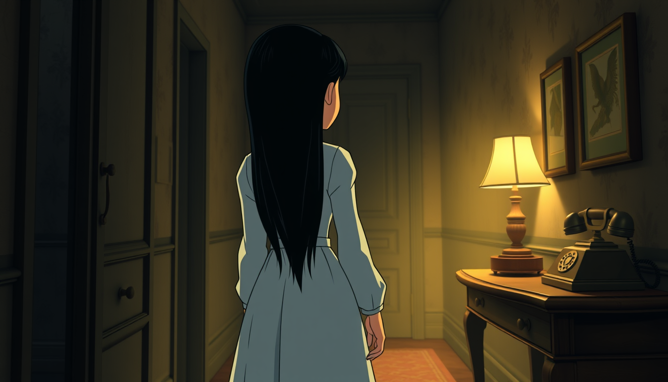 Main art studio: 3D animated horror cartoon style. Ayesha, the same young woman with long black hair wearing a modest, full-length white dress with long sleeves, stand