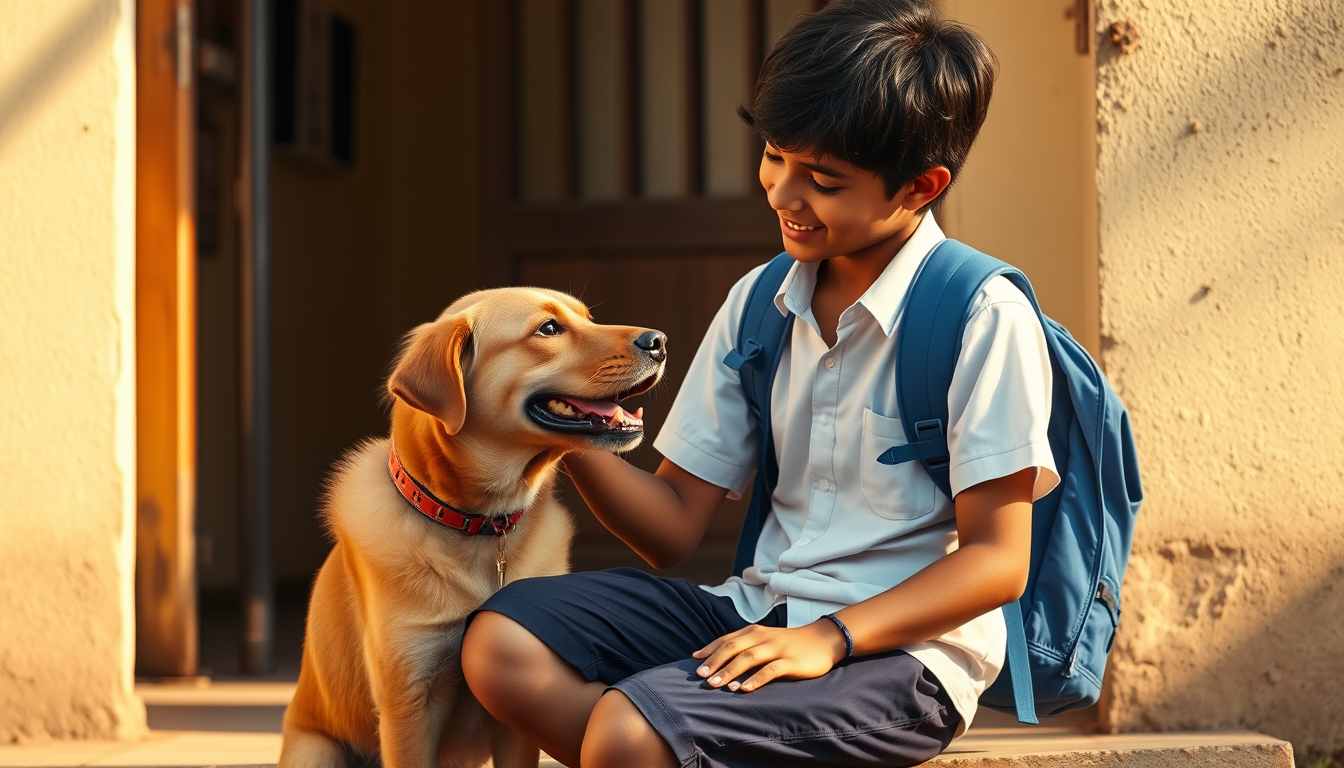 Main art studio: Cinematic photorealistic vertical 9:16. Same Aarav and Bruno from previous scenes. Aarav is a 10-year-old Indian schoolboy with short messy black hair