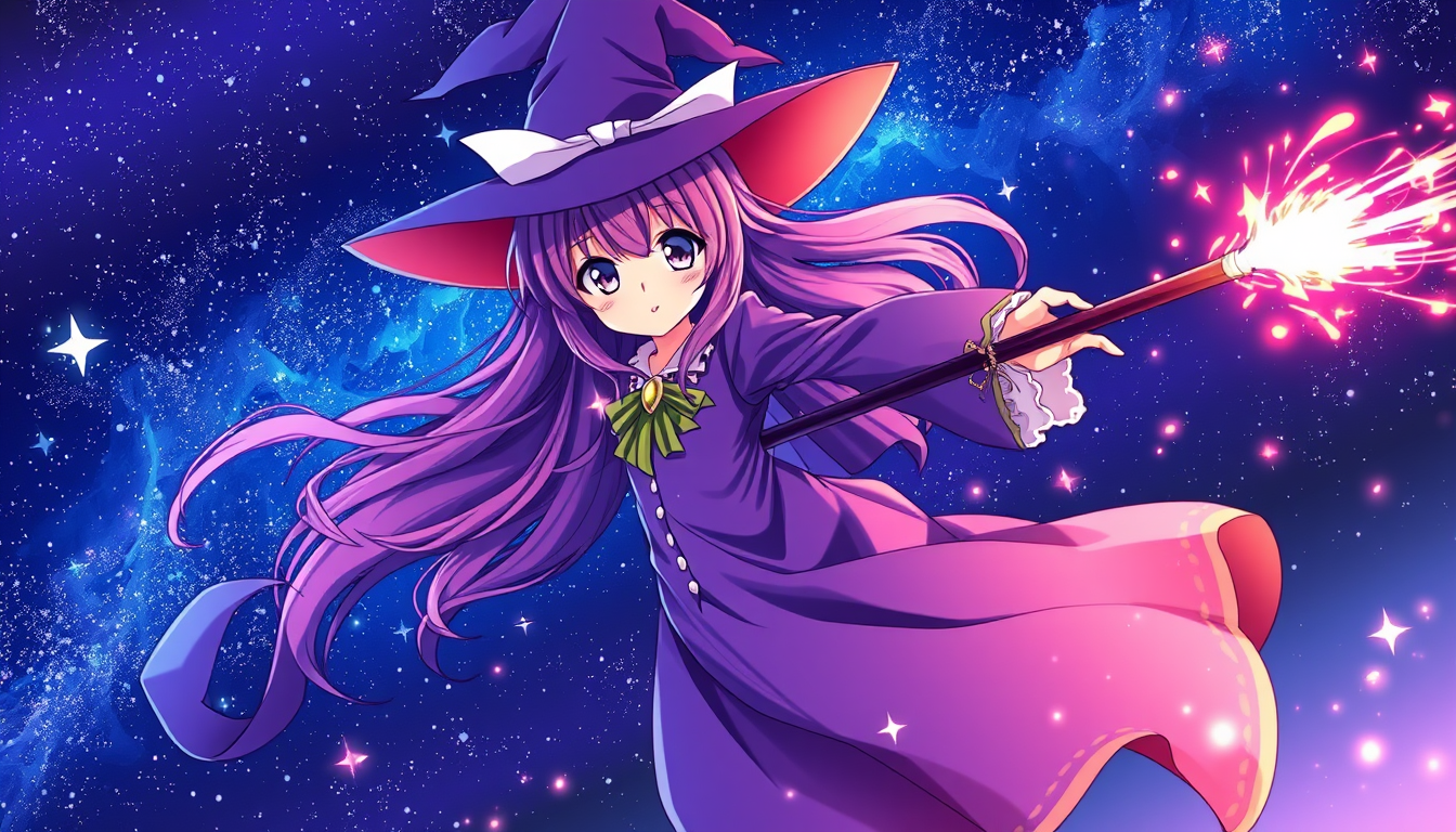 Anime idea: anime style, vibrant colors, expressive eyes, witch flying through a starry night sky, flowing robes, magical sparks , detailed anime illustration