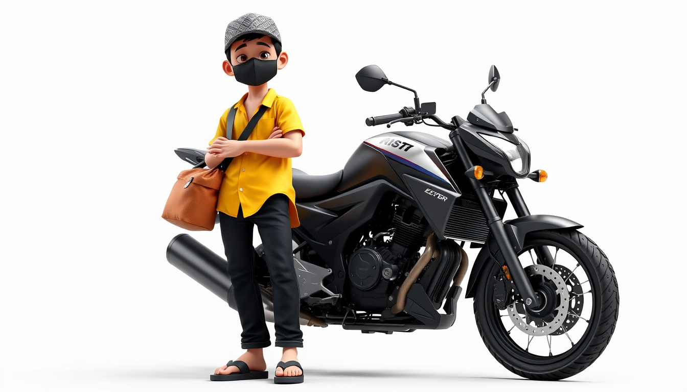 AI Art prompt example created from the prompt: Full-body cinematic 3D animated character, normal human proportions, not chibi, wearing a yellow shirt, black patterned cap, black face mask