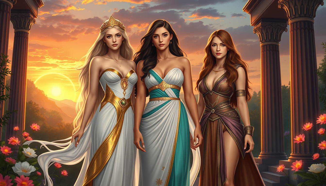 Main art studio: Create a stunning, detailed fantasy illustration of Aphrodite, Calypso, and Piper McLean from Percy Jackson and the Olympians standing together as fri