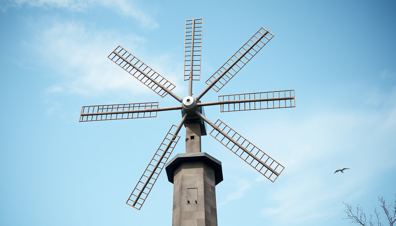 Main art studio: Erstell bitte ein Bild wo ein Windrad abgebildet ist und die Narbe, das Fundament, die Rotorblätter, der Turm und die Gondel beschriftet ist