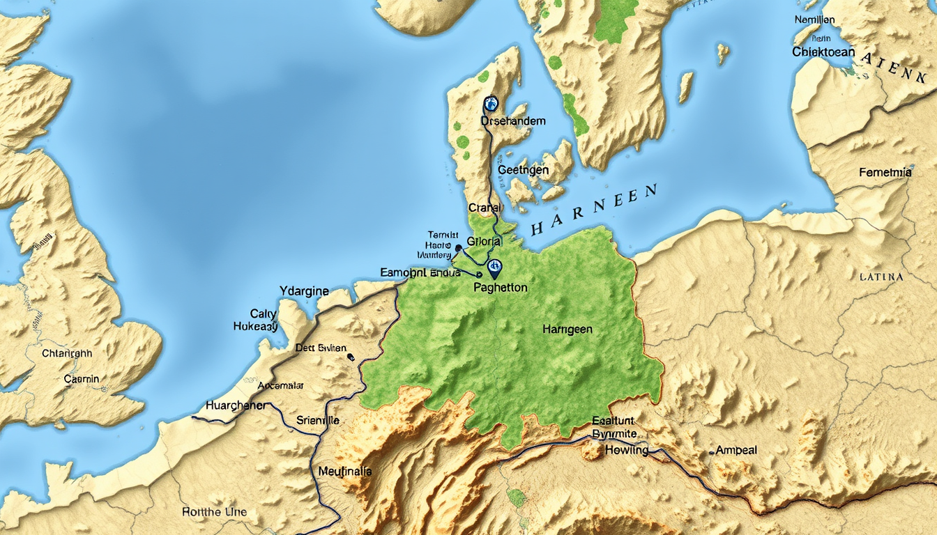 Main art studio: eine Karte mit verschiedenen Laendern darunter auch Haramus.die karte soll nicht so aussehen wie die der erde .mit waeldern gebirgen meeren.so aehnlic