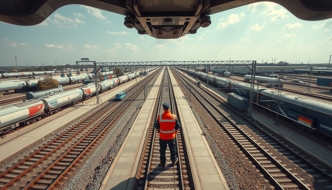 Main art studio: Vista aérea realista de un patio ferroviario completamente al aire libre. Un guardia de seguridad se encuentra a nivel del suelo, de pie al inicio de