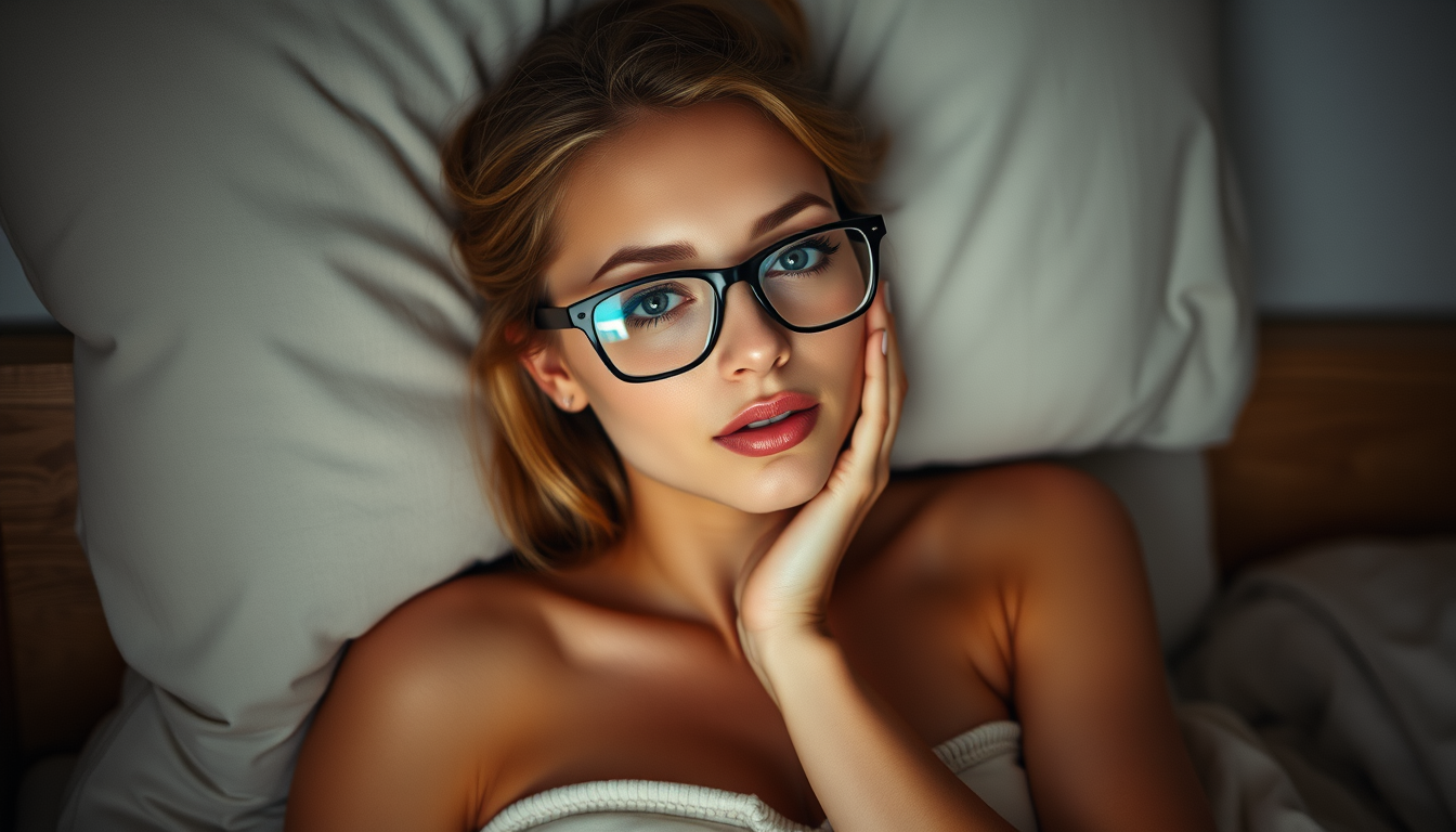 Main art studio: Genere moi une fille rousse avec lunette en pull legerement trop long au niveau des bras dans un lit et dans une pose sexy debout en ahego face