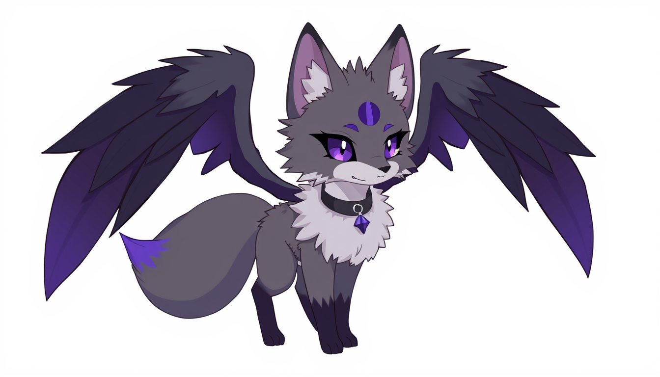 Fursona idea created from the prompt: fursona character, anthropomorphic animal design, expressive personality, reference sheet style, Small, fluffy charcoal-grey and deep-purple