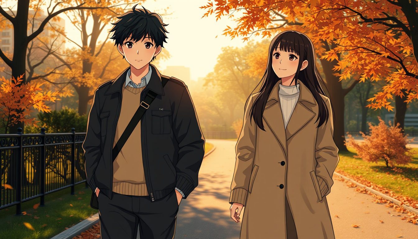 Main art studio: Create Scene 20 of the original cinematic Japanese anime romance movie October Theory. Haruki Tanaka and Noni Mizuno, both 18 years old, walk slowly s