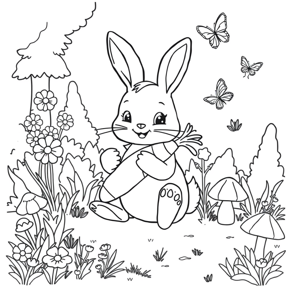 Main art studio: A cute little rabbit sitting in a forest garden while holding a large carrot. Around the rabbit are flowers, grass, mushrooms and small bushes. A few